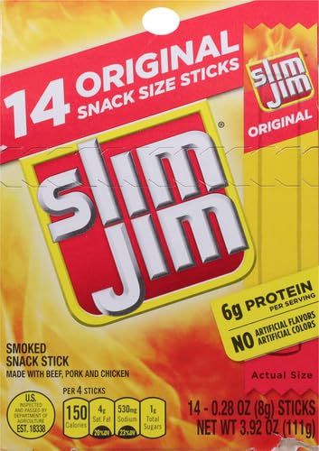 Slim Jim Smoked Meat Sticks, Original Flavor, 6g Protein Per Serving, Snack Size, Lunchbox Snack, 0.28 oz. (14 Count)