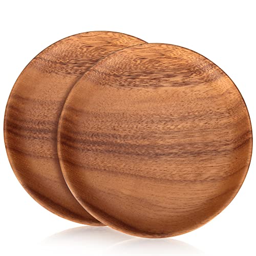 2 Pcs Small Wooden Dessert Plates for Eating Acacia Wood Snack Appetizer Plate 6 inch Mini Cute Salad Dinner Plates Reusable Round Non Toxic Platos Saucer Plate for Food Flat Picnic Serving Dishes