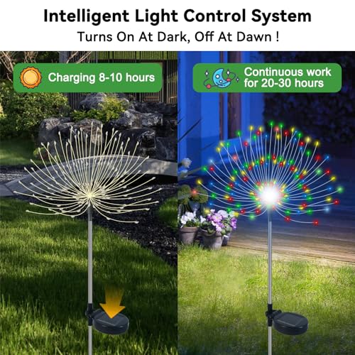 Slyuexu Solar Garden Lights Outdoor Waterproof, 2 Pack 120 LED Solar Firework Lights Decorative Garden Décor Outside for Flowerbed Halloween Christmas Decorations, White