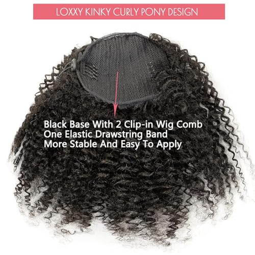 Loxxy Kinky Straight Ponytail Extensions Real Remy Human Hair For Black Women Natural Black Wrap Around Clip in Hairpieces Kinky Yaki Pony Tails Natural Black #1B 20Inch 100g
