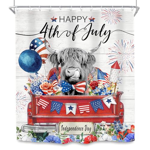 SVBright Farmhouse Highland Cow Shower Curtain 60Wx72L Inch Wildflower Cow Shower Curtain Bull Rustic Cattle Funny Western Curtains Truck 12 Hooks Polyester Waterproof Flower Bathroom Bathtub Panel