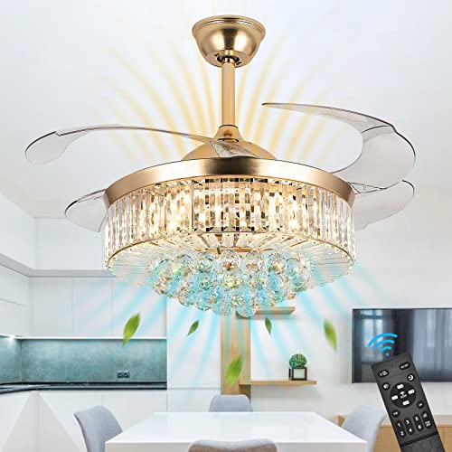 wuyule 42 Inches Crystal Ceiling Fan Golden Modern Crystal Chandelier Ceiling Fan with Lights and Remote, Invisible Fandelier LED Light kit with Retractable Blades for Indoor Living Room Bedroom