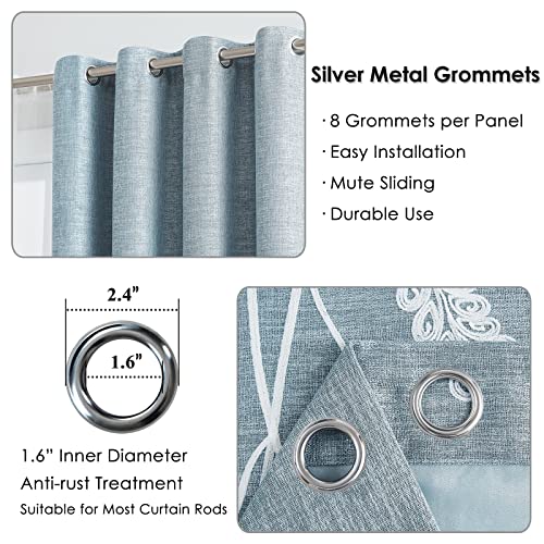 Melodieux Wheat Embroidery Linen Blackout Curtains for Living Room Bedroom Grommet Window Drape, White Wheat/Aqua Blue, 52 by 84 Inch (1 Panel)