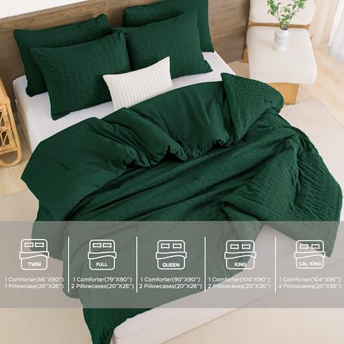 Andency Dark Green Comforter Set Queen (90x90 Inch), 3 Pieces Emerald Seersucker Comforter Set, Forest Hunter Green Microfiber Summer Lightweight Down Alternative Bedding Set