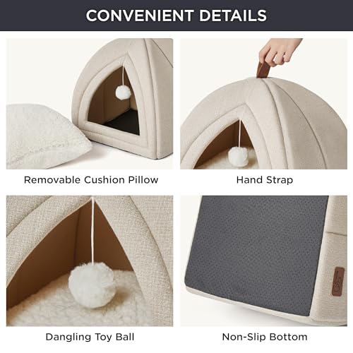 Bedsure Cat Beds for Indoor Cats - 2 in 1 Cat Cave for Kittens and Small Pets, Foldable Cat House Tent with Removable Washable Cushioned Pillow, Cat Hideaway with Non-Slip Bottom, Beige, 16 inches