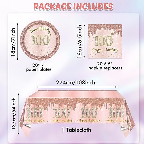 41PCS 100th Birthday Decorations Rose Gold 100 Years Old Birthday Disposable Tableware Include Plates Napkins tablecloth For Women