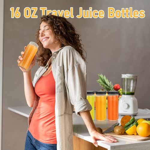 Sursip 24oz Glass Water Bottle Set of 6, Leak Proof Clear glass juice bottle for juicing, Reusable Drinking Bottles with Stainless Steel Lid, Beverage Storage Containers for Refrigerator-BPA Free