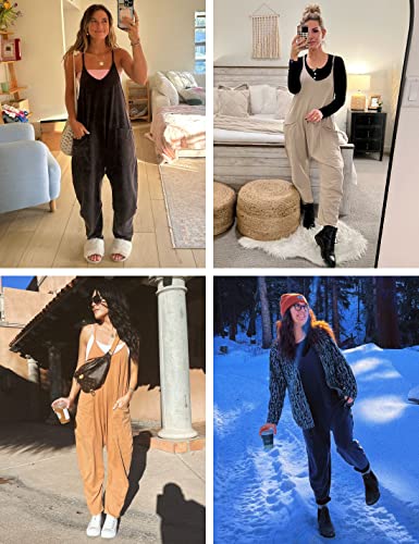 UANEO Women's Casual Jumpsuits Sleeveless Harem Stretchy Loose Overalls Romper Jumpers with Pockets (LightKhaki-L)