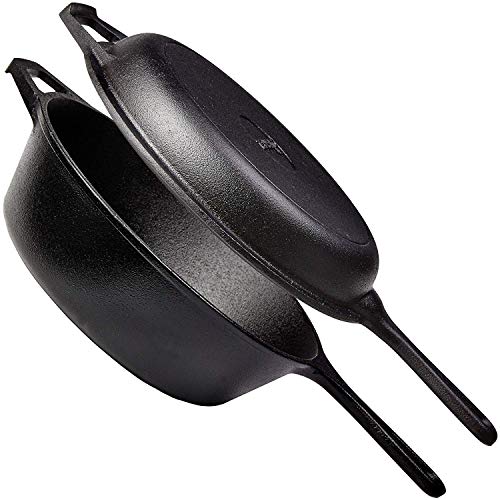 Cuisinel Cast Iron 2-In-1 Multi Cooker - 3-Quart Dutch Oven and Skillet Lid Set Oven Safe Cookware + Black Pan Scraper - Use As Dutch Oven and Frying Pan - Indoor and Outdoor Use - Grill, Stovetop
