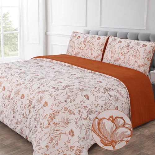 YINFUNG Flower Duvet Cover Floral Embroidered Burnt Orange Terracotta Rust White Queen Spring Wildflower Botanical Jacquard Textured 3 Pieces Bedding Set Country French Elegant