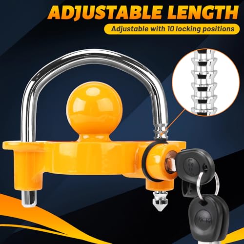Turnart Trailer Lock, Hitch Lock, Trailer Hitch Lock, Trailer Coupler Lock, Trailer Tongue Lock, Adjustable, Heavy-Duty Steel, Universal Size Fits 1-7/8", 2", and 2-5/16" Couplers (Yellow-A)