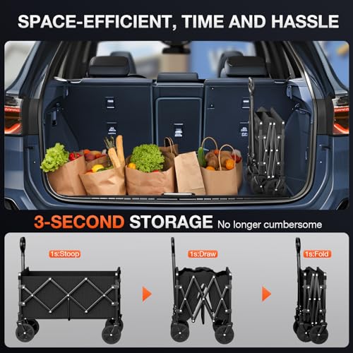 Nadonli Foldable Wagon with Wheels, Portable Heavy Duty Collapsible Beach Cart - Large Capacity Utility Wagon for Shopping, Sports, Camping,Garden,Grocery - Black