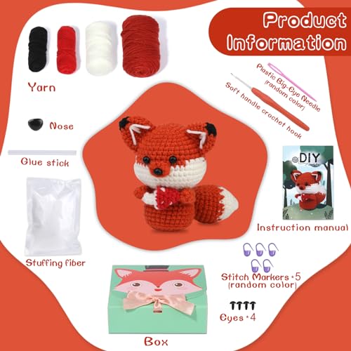Nitlak Crochet Kit for Beginners, Crochet Starter Kit, Fox Crocheting Animals Kits with Crochet Hooks Yarn Polyester Fiber Step-by-Step Video Tutorials, Knitting Kit for Adults