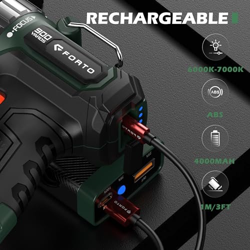 FORTO Compact Rechargeable Spotlight with Adjustable Focus, Handheld Spotlight with Stand, 823m Range, 3 Light Modes and LED Spot Lights Outdoor for Boating Hunting Camping Hiking,1400 Lumens