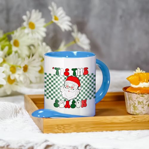 AGH Sublimation Coffee Mugs Blank 11 oz, White Straight Ceramic Cups with Blue Interior, Handle, Spoon, Bulk Bundle Set of 12