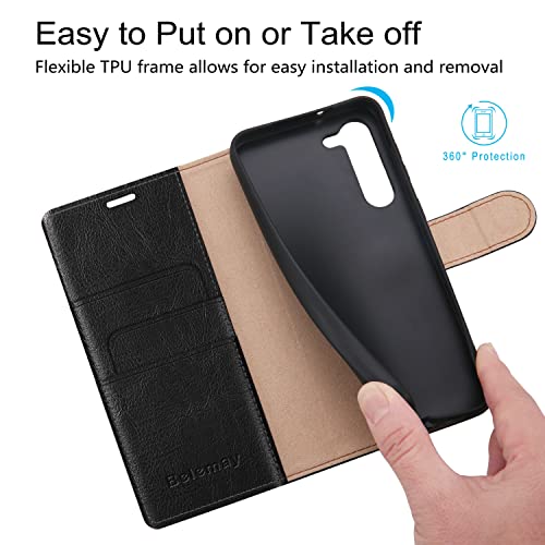 Belemay for Samsung Galaxy S23 Wallet case-Genuine Leather Protective Flip Cover-RFID Blocking Credit Card Holder-Kickstand Book Folio Phone Case Women Men Compatible with Samsung S23 (5G 6.1")-Black