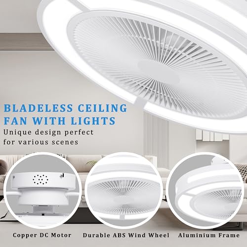 Ohniyou Enclosed Ceiling Fan With Lights,19" Bladeless Ceiling Fan With Lights and Remote,Low Profile Ceiling Fan With Dimmable Led Night Light, Flush mount Ceiling Fan For Bedroom,Living Room