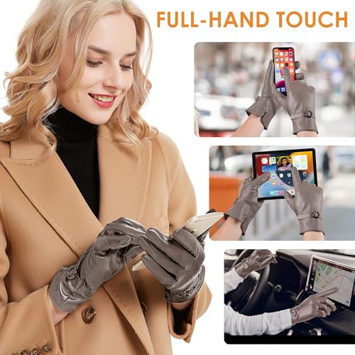 Womens Winter Leather Gloves Touchscreen Texting Warm Driving Lambskin Gloves (Beige, S)
