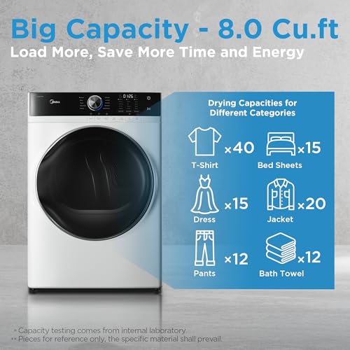 Midea MLE45N1AWW Front Load Electric Dryer Matching, with Stainless Steel Sensor Dry, Wrinkle Care, Touch Control, 10 Total Cycles, 8.0 Cu.ft, White