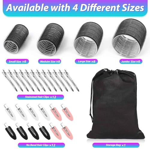 Rollers Hair Curlers 48 Pcs Set with 24Pcs Hair Rollers 4 Sizes (6 Jumbo Rollers/6 Large Rollers/6 Medium Rollers/6 Small Rollers) and 24 Pcs Hair Clips for Long Medium Short Hair (Black)