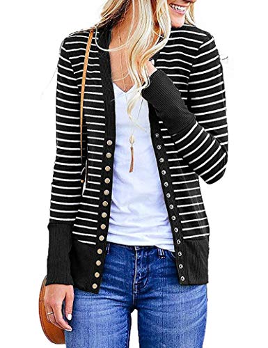 RichCoco Women's Striped Button Down Open Front Long Sleeve Contrast Color Casual Cardigans Sweaters (Mustard, S)