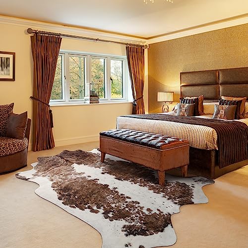 NEOCOZY Exquisite Cowhide Rug, 4.6 x 5.2 ft Faux Cowhide for Living Room Bedroom, Cow Print Rug for Wall, Non-Slip, Camel White