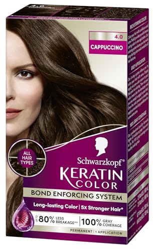 Schwarzkopf Keratin Color Permanent Hair Color, 4.0 Cappuccino, 1 Application - Salon Inspired Permanent Hair Dye, for up to 80% Less Breakage vs Untreated Hair and up to 100% Gray Coverage