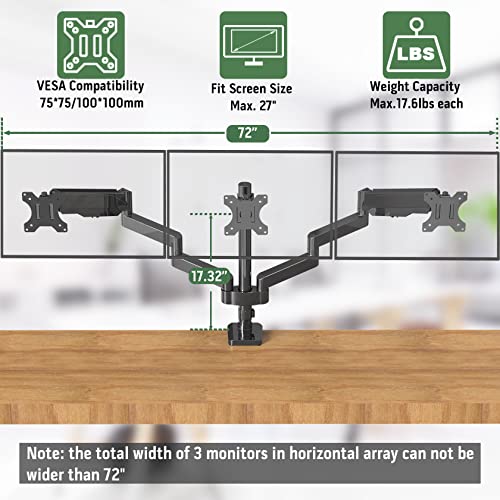 UPGRAVITY Triple Monitor Mount, 3 Monitor Desk Mount for Three Flat/Curved Computer Screens up to 27 inch, Fully Adjustable Gas Spring Triple Monitor Arms Hold up to 17.6lbs, VESA 75x75/100x100mm