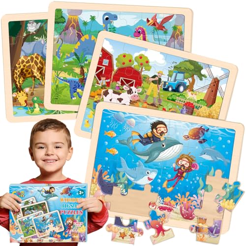 Wooden Animals Puzzles for Kids Age 3 4 5 Year Old, 4 Pack 24 Pcs Mont