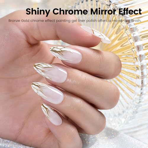 RARJSM Metallic Nail Art Gel Liner Bronze Gold Mirror Chrome 3D Effect Gel Nail Polish 8ml Build in Thin Brush Metal Painted Drawing Striper Painting Gel Polish Soak off Curing Requires for Home Salon