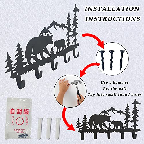 VIVICOMFY Metal Bear Coat Hooks Wall Art Decor-Bear Hangers and Key Holder-Animal Theme Hooks Sweet Home Decor for Storage, Living Room, Hallway, Office (Black)