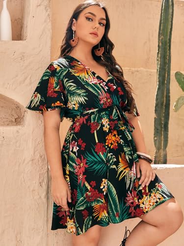 Floerns Women's Plus Size Tropical Print V Neck Short Sleeve Belted Short Dress Black Multi 0XL