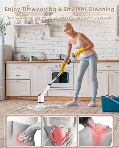 Electric Spin Scrubber, Cordless Shower Scrubber with Long Handle and 8 Replacement Heads, Power Cleaning Brush with 3 Adjustable Speeds for Bathroom Grout Bathtub Tile Floor, Black