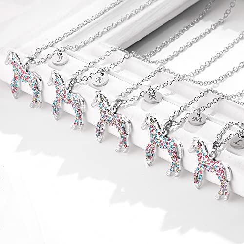 Gmhkonw Horse Necklace Gifts 26 Initial Necklace Horse Jewelry Colorful CZ Letter Initial Rainbow Horse Necklaces Jewelry Gifts for Women (W)