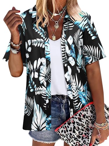 ZXZY Women Summer Hawaii Shirts Soft Cool Floral Tropic Print Short Sleeve Button Up Tops T-Shirt White