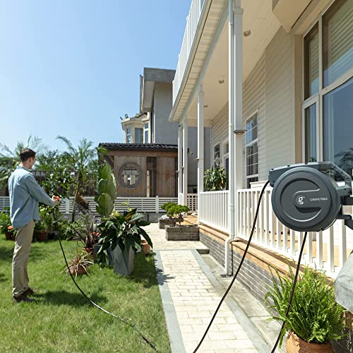 Giraffe Tools Metal Retractable Hose Reel 130 FT Wall Mounted Heavy Duty Hose Reel with 9 Pattern Nozzle 180 Deg Swivel, Metal Bracket Any Length Lock (1/2 130FT PRO, Dark Grey)