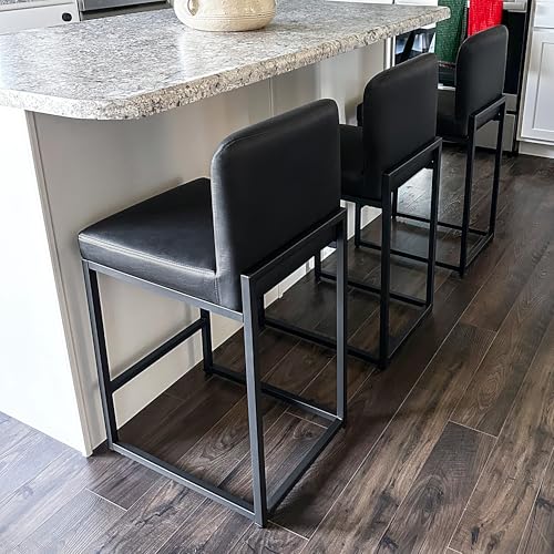 ALPHA HOME Counter Height Bar Stools, 24” Kitchen Counter Stools Set of 1, Pu Leather Kitchen Modern Bar Chairs with Back&Footrest, Sturdy Chromed Metal Steel Frame, Black