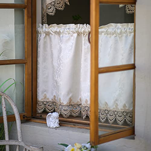 SUTAVIA Classical Lace Kitchen Curtain Set 2 Panels for Window Farmhouse Cafe Curtains Beige Fabric with Champagne Lace Rod Pocket Window Treatment Country for Kitchen Bedroom Living Room Bathroom