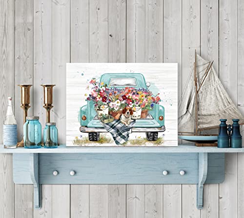 LAIART Old Truck with Flowers Farmhouse Rustic Style Decor Canvas Print Wall Art Bathroom Picture