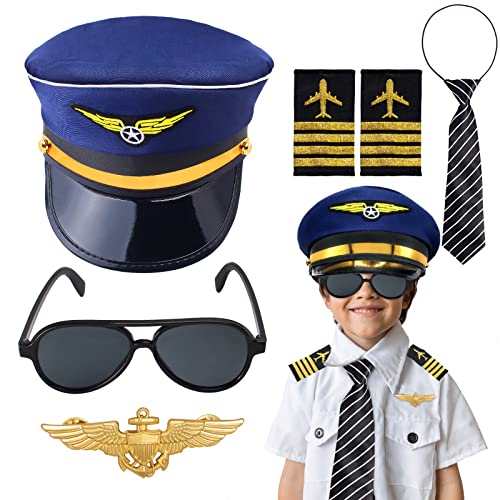 Keymall Kids Pilot Costume Accessories Set With Aviator Hat Sunglasses Tie Pin for Aviation Halloween Dress Up (Set A-2)
