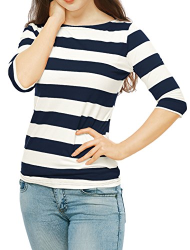 Allegra K Women's Slim Fit Elbow Sleeve Striped Boat Neck T-Shirt Small Navy Gray