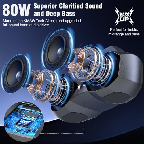 KMAG Portable Bluetooth Speaker - IPX7 Waterproof Wireless Speakers with 80W Loud HiFi Stereo Sound, 20H Playtime, Dynamic Light, Deep Bass, Dual Pairing, 5.3 BT for Outdoor, Gifts (Silver Grey)
