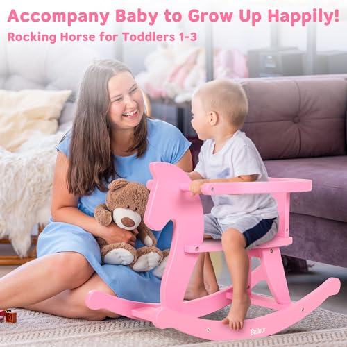Belleur Rocking Horse for Kids 1-3 Years Old, Wooden Rocking Toy for Toddlers with Removable Fence for Indoor & Outdoor Activities, Baby Horse Riding Toy for Birthday & Visit Gifts