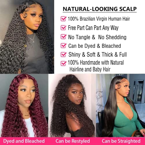 GIESWY Deep Wave Lace Front Wigs Human Hair 13x4 HD Transparent Lace Frontal Glueless Wigs for Women, Natural Black, 16 inch