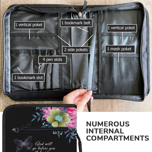 DEHITE Bible Cover Case for Women – Bible Carrying Bag Large Medium Size – | Fits Book 10.1 x 7 x 1.9 IN | Pen Slots | Zippered Pocket | Premium Fabric – Black Floral Bible Accessories Christian Gifts