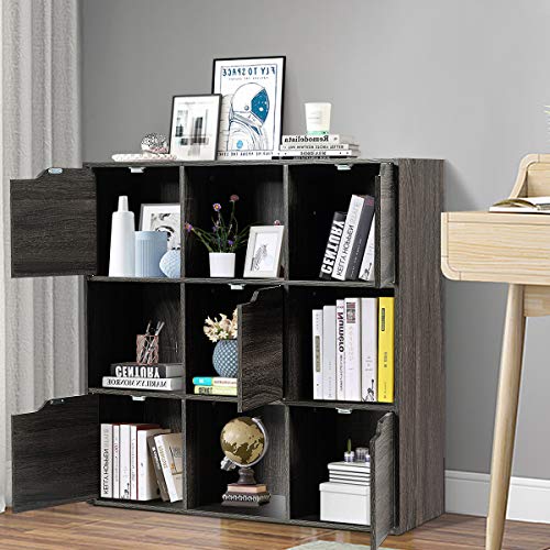 Giantex 9-Cube Storage Organizer, Storage Cabinet with 4 Open Cubes and 5 Cabinets, Freestanding Wooden Cubby Bookcase, Compartment Units for Home Office, 3-Tier Bookshelf for Books