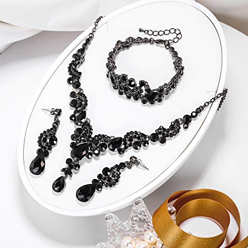 EVER FAITH Bridal Austrian Crystal Jewelry Set Art Deco Vintage Costume Floral Teardrop Necklace Earrings Bracelet for Woman Light Purple Silver-Tone