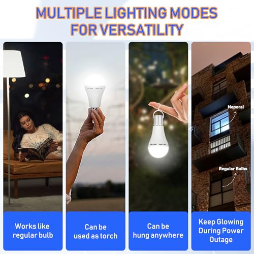 Neporal LITE Emergency Rechargeable Light Bulbs A19, Light Up to 48 hrs, Battery Operated Light Bulb, 5000K E26 LED Bulb, Emergency Lights for Home Power Failure (Daylight-2PK, 12, Watts)