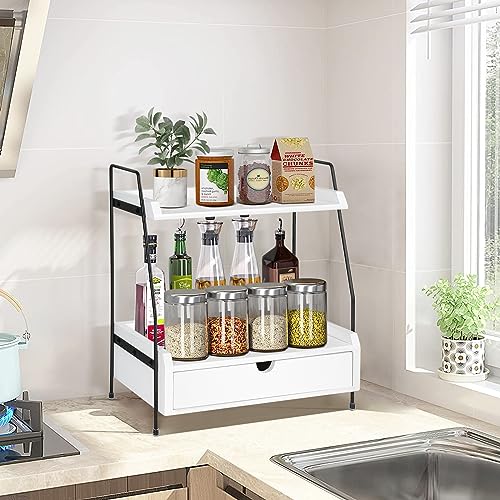 Y&ME YM 2-Tier Wood Bathroom Countertop Organizer with Drawer, 15.2"x7.5"x2.3"