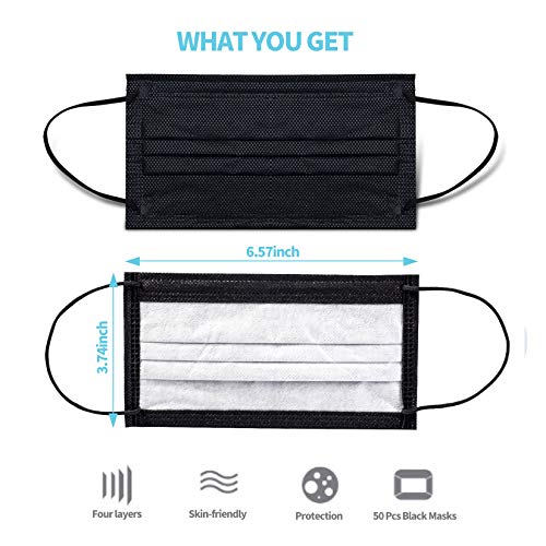 YJIAKA Black Disposable Face Masks 4 Layers Protection 50Pcs, Breathable Dust Mask Mouth Covers for Adult